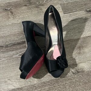 Paris Hilton Black Satin Peep-Toe Heels with Rosette Accent